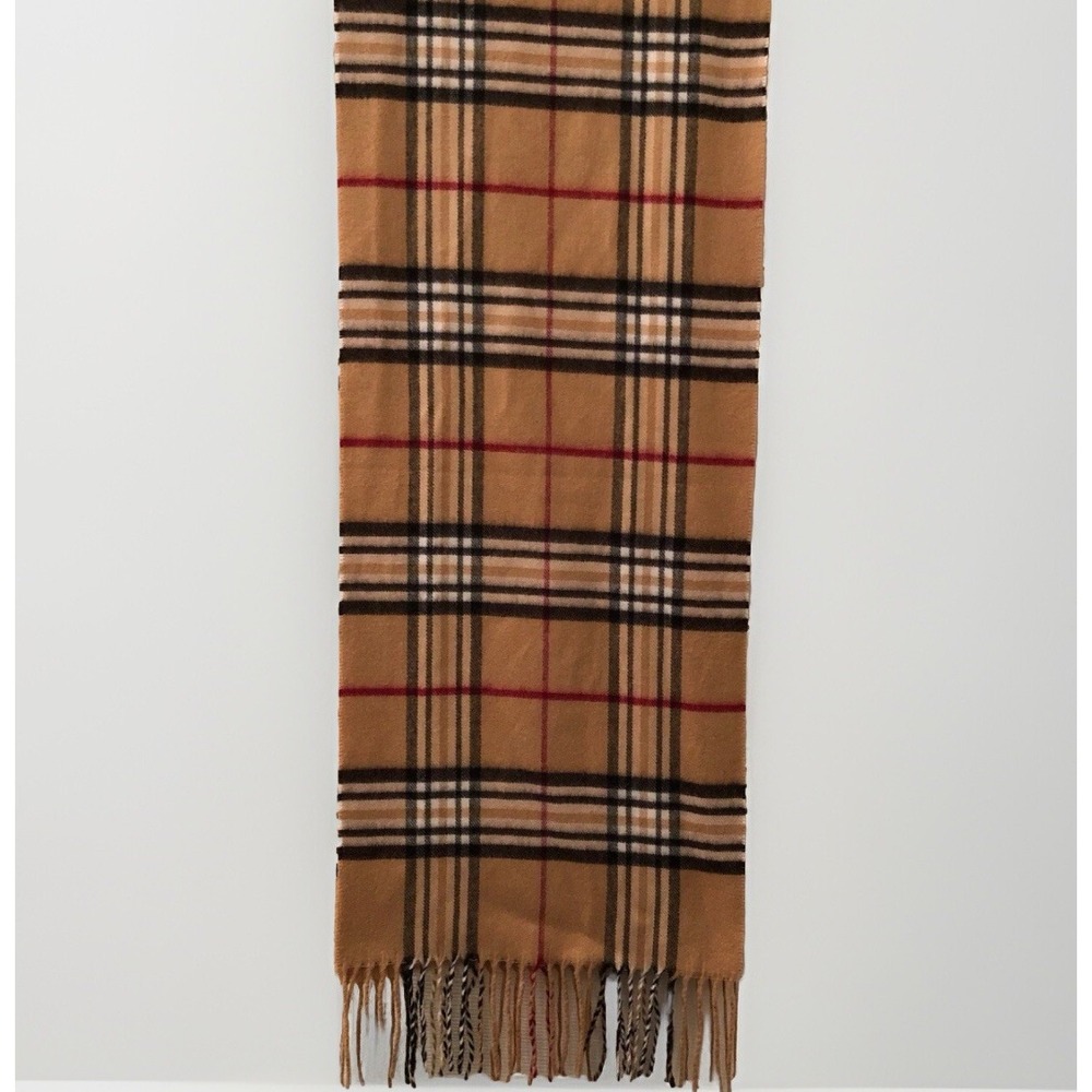 Scarf Cashmink V. Fraas Germany Plaid Camel Black Red 11"Wx‎ 62"L